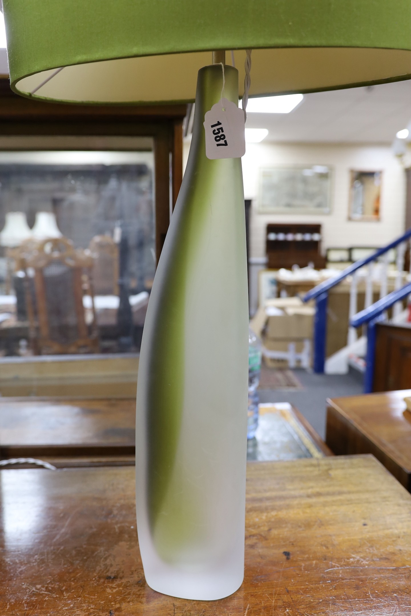 A pair contemporary green and opaque glass table lamps with shades, 90cm total height